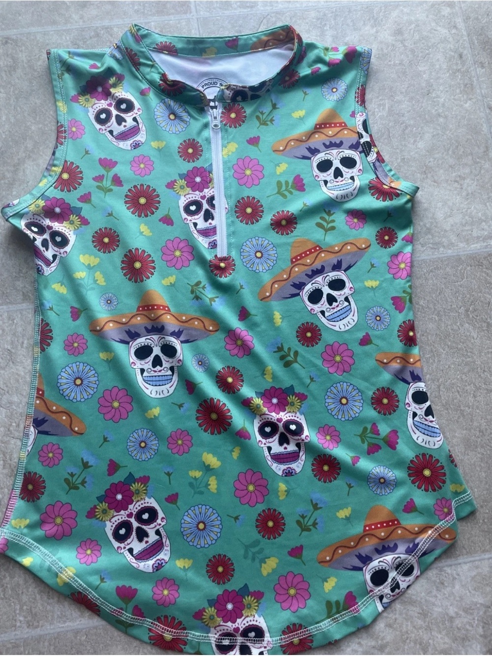 Proud 90 Sugar Skull Sleeveless Golf Polo Mint Green Mock Neck Zip Top S
